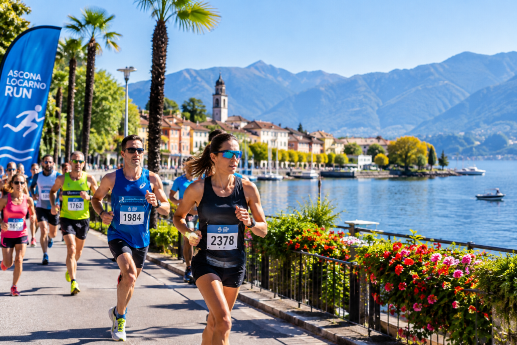 Ascona-Locarno Run 2026, atleti in gara sul lungolago con le montagne sullo sfondo.